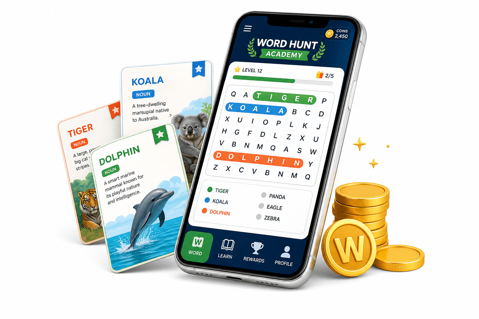 Phone mockup showing a Word Hunt Academy word-search puzzle and vocabulary cards.