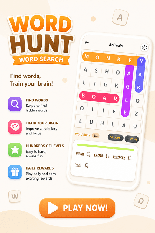 Phone mockup showing a Word Hunt Academy word-search puzzle and vocabulary cards.
